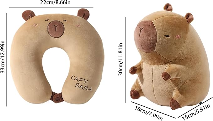 U Shape Travel Pillow - Capybara Plush 2 in 1 | Neck Support Cushion for Children Adults | Airplane Sleeping Pillow for Car Camping Office Road Trip Home | Soft Travel Comfort Accessory