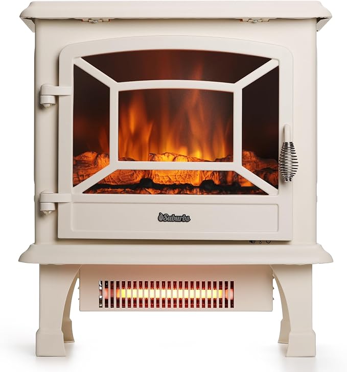 TURBRO Suburbs 20 in. Electric Fireplace Infrared Heater w/Crackling Sound, Freestanding Fireplace Stove w/Realistic Flame Effect, CSA Certified Overheating Protection, Easy to Assemble, 1400W Ivory