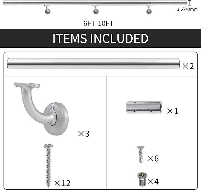 9FT Modern Aluminum Handrail Set, handrails for Indoor Stairs,Deck,Slope, Wall Mounted Staircase handrails, Zink Alloy Brackets Included,Rust Free. (Anodized Silver, 9 FT)