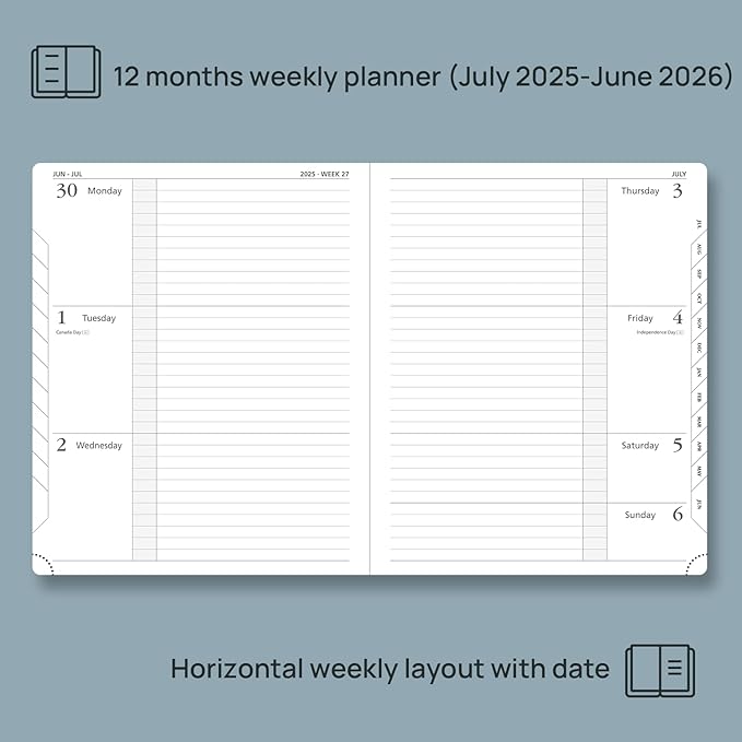 POPRUN Planner 2025-2026 (Large 8.5''x 10.5''), Horizontal Weekly Notebook Jul.2025 - Jun.2026, Academic Appointment Book with Monthly Tabs, Leather Hardcover, Inner Pocket, 100 GSM - Pacific Green