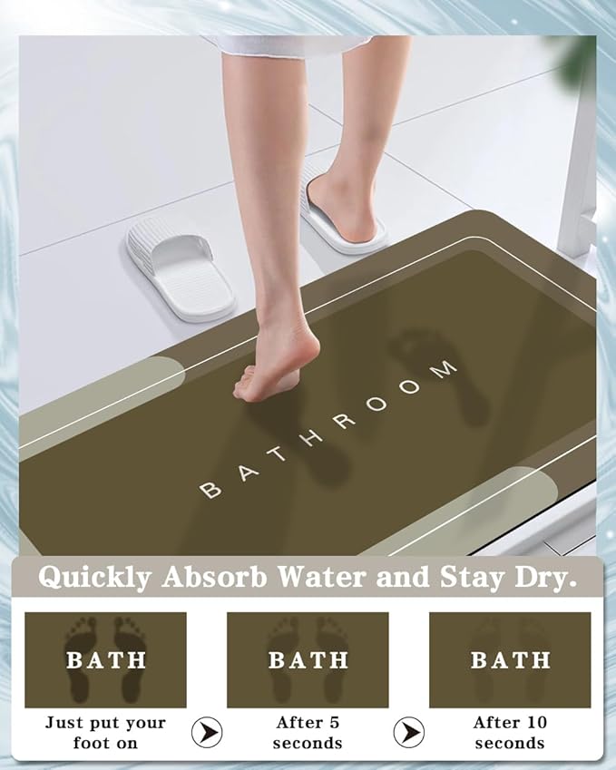Bath Mat, Bathroom Mat Rugs Super Absorbent Shower Mats Non Slip Quick Dry Thin Rubber Mats for Bathroom Floor Fit Under Door, Shower Rug for Bathtub, Shower, Brown