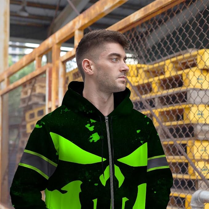Maddly Hi Vis Reflective Zip Up Hoodie, High Visibility Safety Jacket with Skull Design for runner, worker, trucker, cyclist