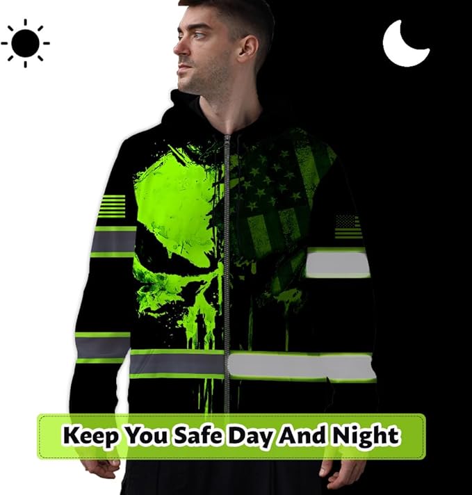 Maddly Hi Vis Reflective Zip Up Hoodie, High Visibility Safety Jacket with Skull Design for runner, worker, trucker, cyclist