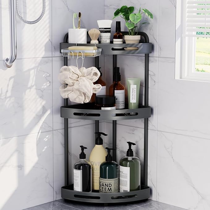 Corner Shower Caddy Standing, 3 Tier Shower Organizer Stand with Soap Holder, Rustproof Shower Shelves for Bathroom Storage, Grey