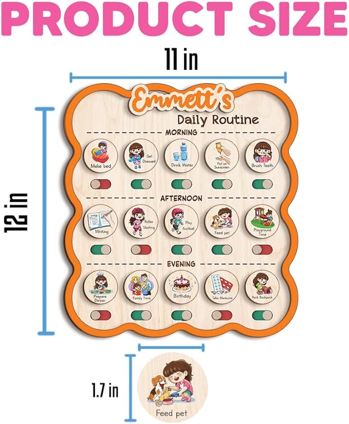 Personalized Wooden Chore Chart for Kids, Daily Routine Chart for Toddlers, Visual Schedule for Kids Age 3-5, Morning Bedtime Routine for Girls (06)