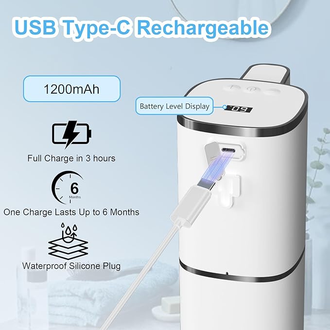 Automatic Foaming Soap Dispenser Touchless, USB Rechargeable Smart Hand Soap Dispenser, 9-Level Adjustable, Physical Button Operation, 13.5oz/400mL Wall Mounted for Bathroom Kitchen Dish Soap
