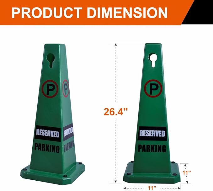 26.5" Caution Cones, 4-Sided Visible Safety Signs with Heavy Rubber Base, Warning for Slip & Fall Prevention, Indoor/Outdoor Use (4, Reserved Parking-Green, 26.5 inch)
