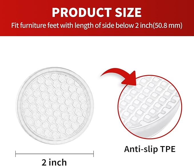Ezprotekt Non Slip Furniture Pads, 4 Pcs 2" Anti Skid Rubber Caster Cups, Anti-Slip Round Furniture Coasters for Hardwood Floors, Anti Slide Floor Protectors for Bed Couch Stoppers (Clear)