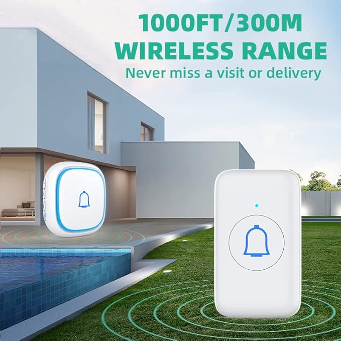 Wireless Doorbell for Home Classroom IP66 Waterproof Door Bell Ringer Wireless 1000ft Range with 66 Ringtones Kid Doorbell Chime 7 Adjustable Volume LED Flash Doorbells for Teachers