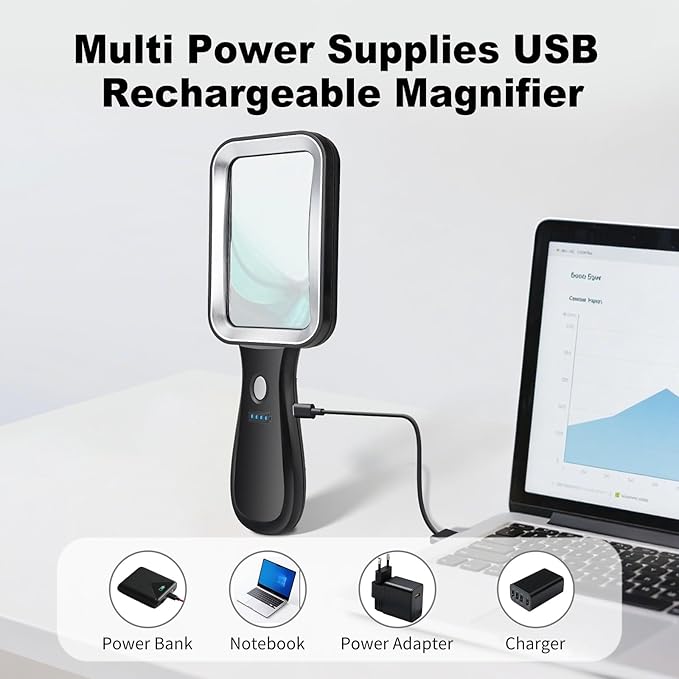 10X Magnifying Glass with Light, Rechargeable Magnifier with 3 Color Modes, Lighted Magnifying Glass Handheld for Seniors Reading Low Vision, Inspection, Close Work