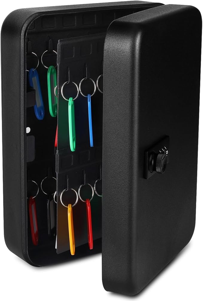 Flexzion Key Box Wall Mount with Code - Black Key Cabinet Lock Box Key Storage Box Wall Mount with Combination Lock, Secured Key Organizer Box with 48 Colored Key Holder for Homes, Office, Apartments