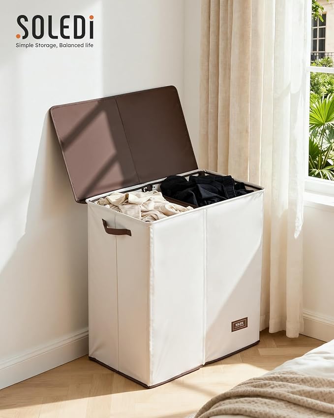 SOLEDI Large Double Laundry Hamper with Lid, Collapsible Clothes Hamper 2 section with Removable Bags, Space-Saving Laundry Basket for Bedroom, Dorm, College