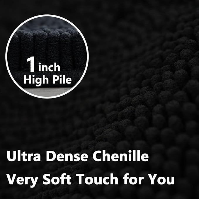Bathroom Rugs Sets 2 Piece, Extra Soft Chenille Bath Mat Ultra Absorbent Bathroom Rug, Bathroom Mat with Sturdy PVC Non-Slip Bottom, Machine Washable Bath Rugs (20x32 Inch + 16x24 Inch, Black)