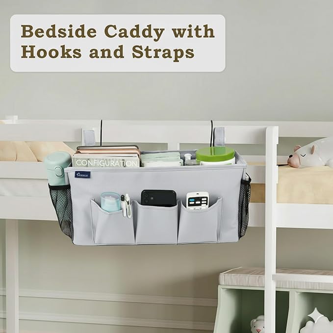 Surblue Bedside Organizer with Hook Bedside Caddy Hanging Storage Bag with Adjustable Straps and Water Bottle Holder for Home College Dorm Bunk Bed Accessories, Crib Bed, Hospital Bed,Lightgrey,2PCS
