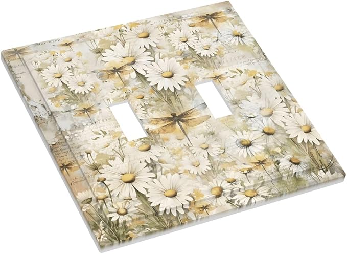 Vintage Letter Paper Wildflowers Dragonfly Daisy Floral Decorative Switch Plates 2 Gang Double Toggle Outlet Light Switch Cover Wall Plate Electrical Faceplate for Farmhouse Bedroom Decor