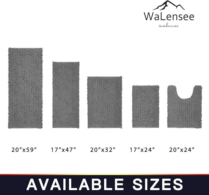 Walensee Bathroom Rug 2 Pieces Set Non Slip Bath Mat (17x24 Plus 20x32 Inch Grey/Gray) Water Absorbent Super Soft Shaggy Chenille Machine Washable Dry Extra Thick Perfect Carpet for Shower Floor