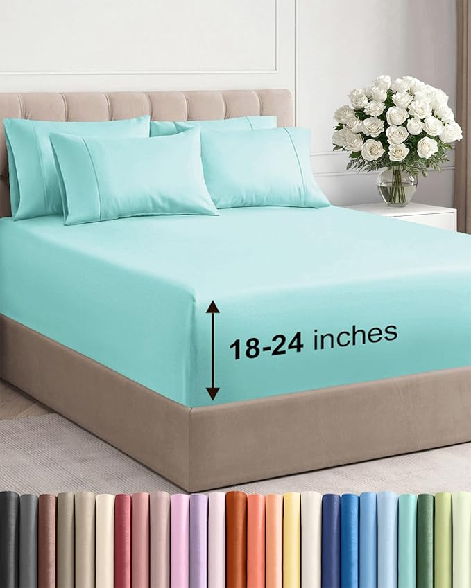 Extra Deep Cal King Sheet Set - 6 Piece Breathable and Cooling Sheets - Hotel Luxury Bed Sheets Set - Easy Fit - Soft, Wrinkle Free and Comfy Sheets Set - Spa Blue Sheet Set with Extra Deep Pockets