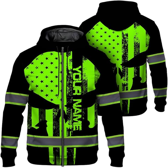 Maddly Hi Vis Reflective Zip Up Hoodie, High Visibility Safety Jacket with Skull Design for runner, worker, trucker, cyclist