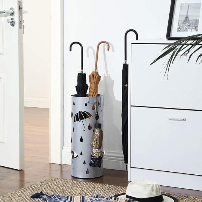 SONGMICS Umbrella Stand, Metal Umbrella Holder for Entryway, with Water Tray and 4 Hooks, 7.7 x 7.7 x 19.3 Inches, Round, Silver Grey ULUC23S