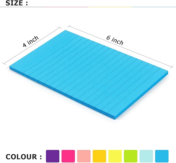 Eastern Wolf 8 Pads Lined Sticky Notes 4x6 in, Sticky Notes with Lines, Self-Stick Note Pads 8 Bright Multi Colors, 35 Sheet/Pad
