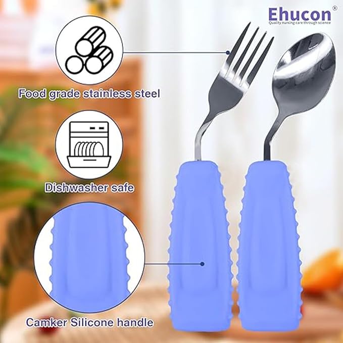 Adaptive Utensils,Parkinson’s Spoon, Handicap Aid, Angled Silverware Spoon and Fork Set for Elderly, Arthritis, Dementia, Disable, Handicapped Hands(Left Hand,Pack of 2,Purple)