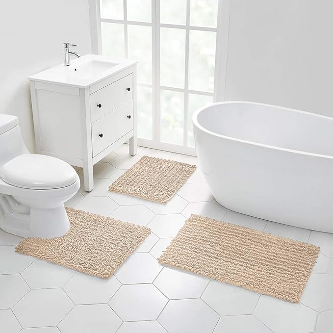 Walensee Bathroom Rug Non Slip Bath Mat (44x24 Inch Beige) Water Absorbent Super Soft Shaggy Chenille Machine Washable Dry Extra Thick Perfect Absorbant Best Large Plush Carpet for Shower Floor