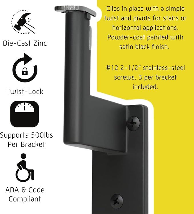 Promenaid 10ft Flush Handrail Kit - Satin Black - Complete Indoor/Outdoor Handrail for Stairs - 1.6" Round Anodized Aluminum Railing with 4 Satin Black Painted Pivoting Wall Brackets & Flush Endcaps