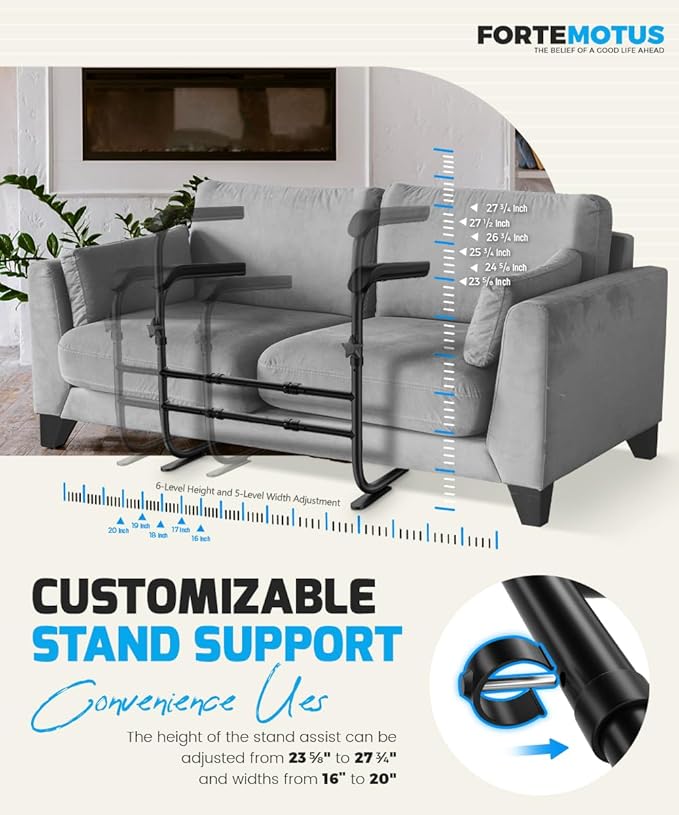 FORTEMOTUS Couch Stand Assist with Soft & Wide Handle, Height & Width Adjustable Sofa Stand Assistance for Elderly, Seniors, Pregnancy Women and Disabled, Holds up to 350 lbs