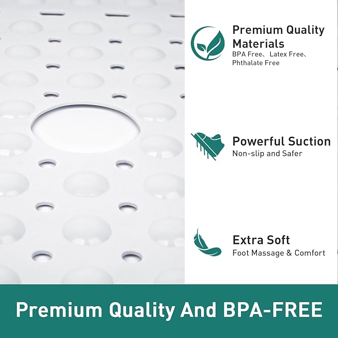 Large Square Shower Mat 27 x 27 Inch White, Non Slip Shower Bathtub Mats for Inside Shower With Big Suction Cups Drain Holes, Anti Slip Bathroom Floor Shower Stall Mats, Easy Clean, BPA-Free