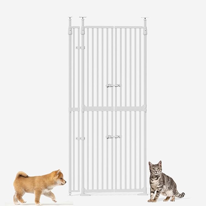 74.8"-90.5" Extra Tall Cat Gate for Doorway, Auto‑Close, No‑Drill Pressure‑Mount with 3 Support Pillars & Double‑Door, Fits 30.3–38.2″ Openings, 1.37″ Narrow Gap, Extension Kit Included, White