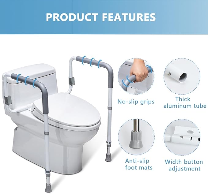 Toilet Safety Rails for Elderly Adults - Adjustable Bathroom Toilet Safety Frame with Handles - Stand Alone Toilet Grab Bar for Senior, Handicap & Disabled,Fits Most Toilets, White, TRX-8002