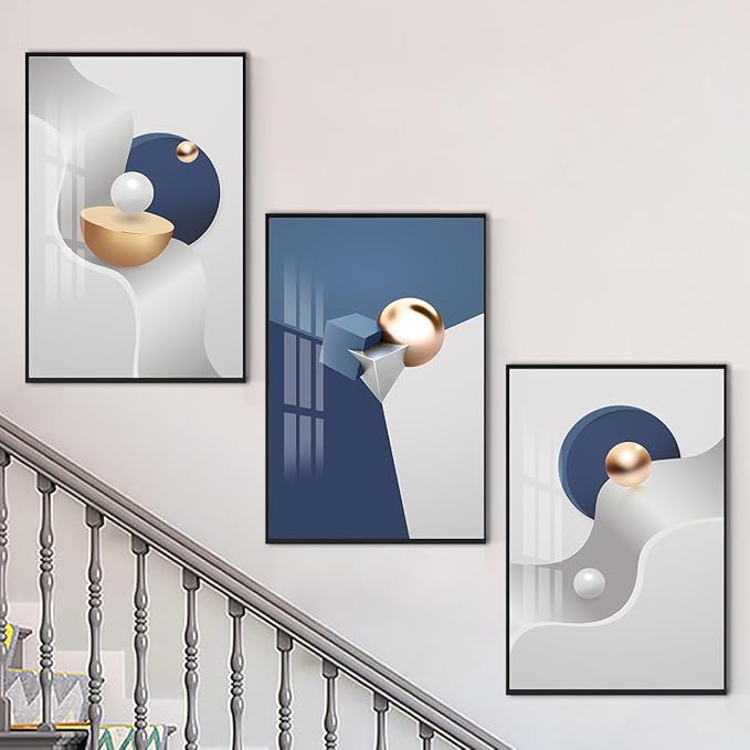 QKF Large Frame Canvas Wall Art Glossy Blue Geometry Modern Living Room, Bedroom, Office Fashion Wall Decoration 3-piece Set of Poster Prints 24 "X 32"