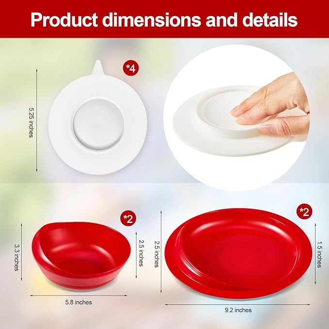 Hushee Adaptive Spill Proof Scoop Bowl and Plate Set with Suction Base Non Skid Self Feed Dinnerware for Elderly Disabled Handicapped from Parkinsons, Dementia, Stroke, Tremor(2 Sets,Red)