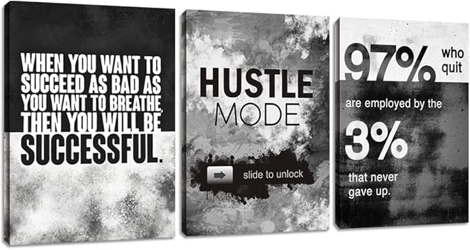 Motivational Office Wall Decor, Inspirational Canvas Wall Art, 3 Pieces Hustle Posters Prints Entrepreneur Success Quote Wall Decor for Lobby Meeting Room Hallway Living Room(72”Wx36”H)