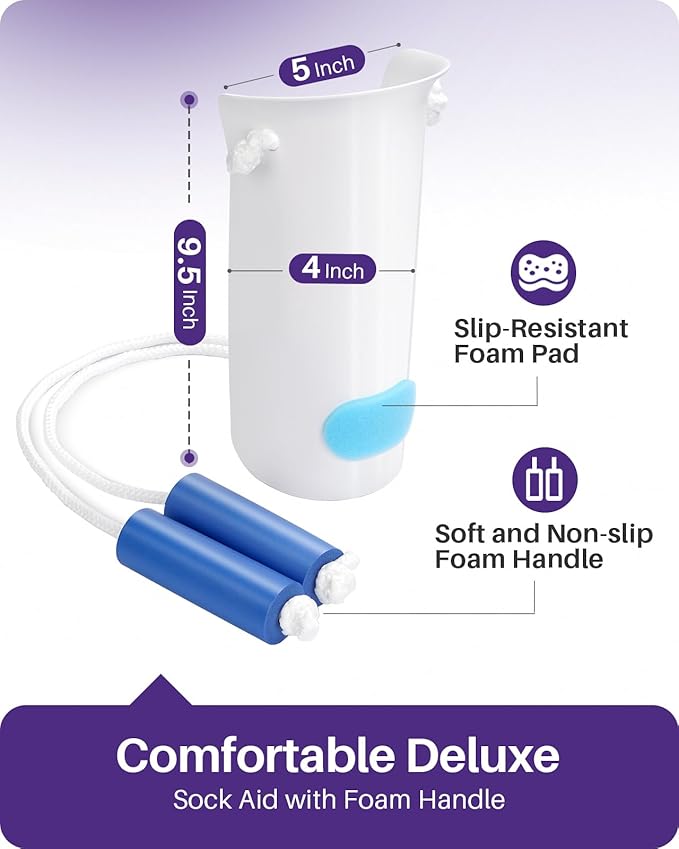 KEKOY 4INCH Sock Aid for Putting on Socks, Sock Assistant Device No Bending with Foam Handles & Long Rope, Sock Helper/Puller Aid Easy Put on for Seniors, Disabled, After Surgery Recovery(White)