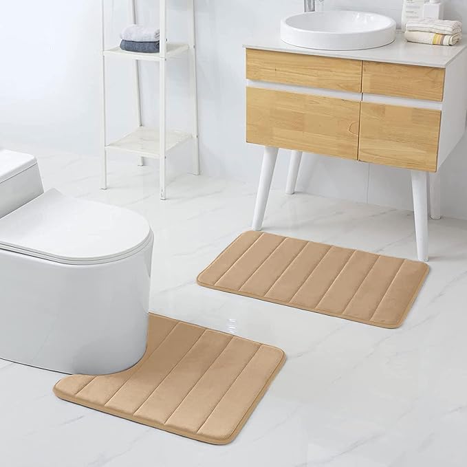 Buganda Memory Foam U-Shaped Contour Toilet Rugs, Non Slip Absorbent, Thick Soft Washable Bathroom Mat, Floor Carpet Bath Rugs Mat for Toilet Base (24" x 20", Camel)