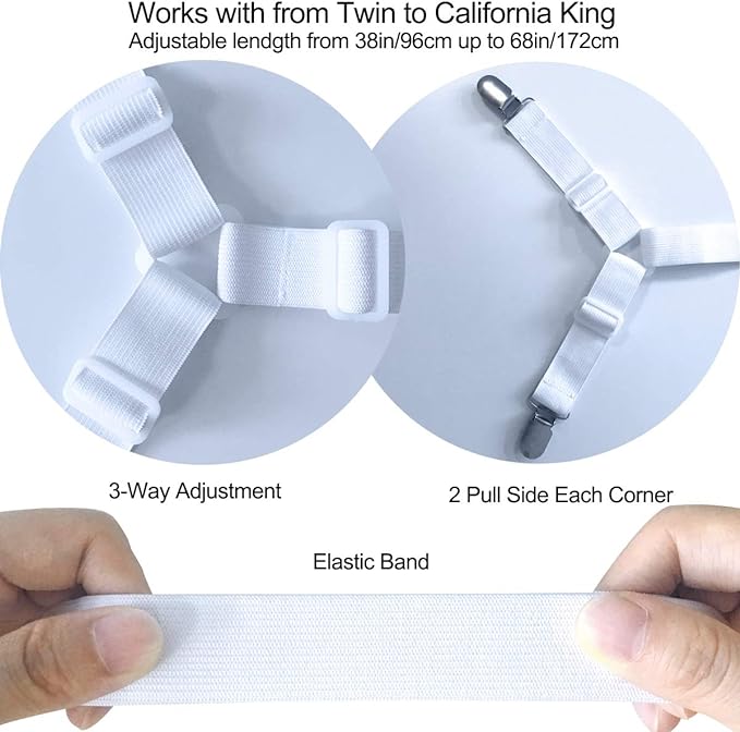 Bed Sheet Fasteners Straps - 2 Way Adjustable Crisscross Sheet Corner Holder Straps Clips Gripper Elastic Sheet Band Suspenders Fasteners(2 Set/4Pcs, White)