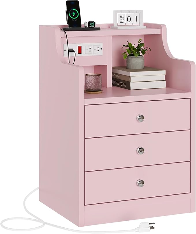 ADORNEVE Nightstand with Charging Station,Pink Night Stand with Hutch,Bedside Table with Drawers,Bed Side Table with Storage