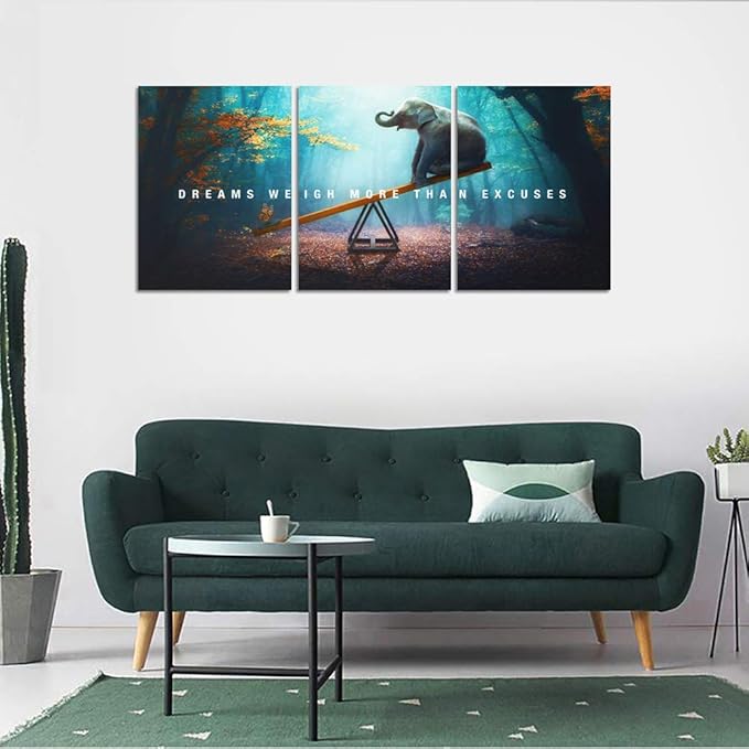 Unbruvo Elephant Wall Art for Office, Motivational Inspirational Canvas Wall Art, 3 Pieces Elephant Painting Prints Wall Decor for Living Room Bedroom Classroom Dorm(72”Wx36”H)