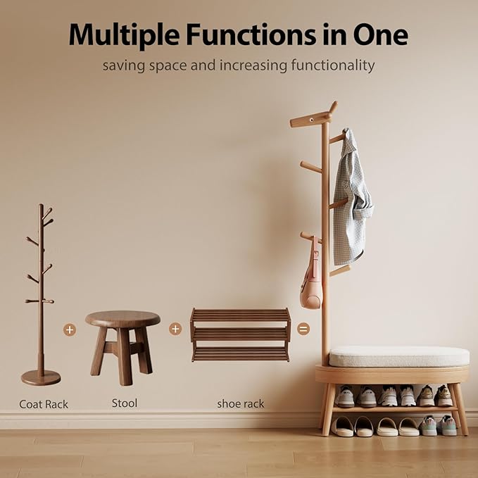 AQIMUELE Shoe Bench Entryway,Coat Rack with Shoe Storage, Coat Rack and Shoe Rack, Wooden Narrow Shoe Bench（Natural）