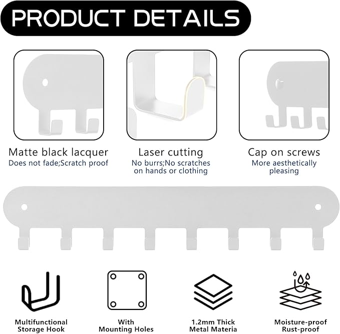 2 Pack Key Holder Wall Mount, Wall Mount Key Holder, Keys Holder On Wall, Key Hooks with 8 Hooks, Key Rack for Wall No Drill for Living Room, Kitchen, Bathroom, Garage (White)
