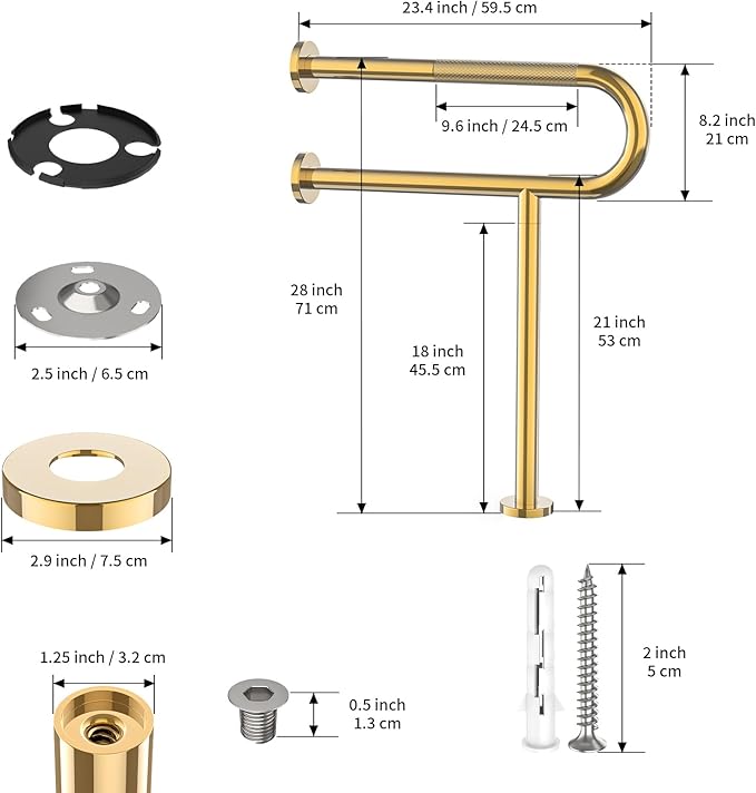 Toilet Support Rail 23.4X 28 Inch, Munzong Anti-Slip Gold Handicap Grab Bar for Bathroom, Stainless Steel Knurled Safety handrails with Leg for Elderly Disabled Pregnant-1.25’Tube