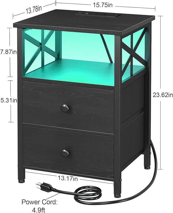 AMHANCIBLE Night Stand Set 2, LED Nightstand with Charging Station, End Tables Living Room with Fabric Drawers, Bed Side Table for Bedroom, Black, HET052LBK