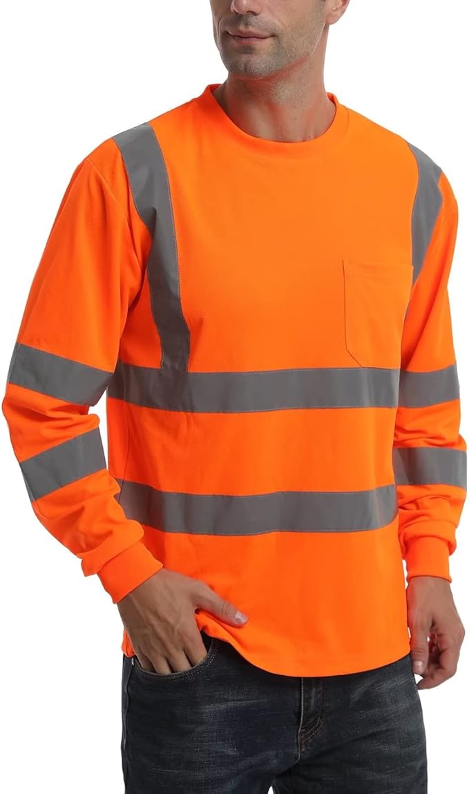 High Visibility Class 3 T Shirts，Hi Vis Safety Shirts with Reflective Strips and Pocket, Long Sleeve Quick Dry Mesh Construction Work Shirt for Men/Women Orange,Medium