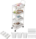 danpinera Storage Cart, 4 Tier Narrow Rolling Storage with Wheels & Dividers, Bathroom Organizer Slim Laundry Cart with Handle Hanging Cups Hooks, White