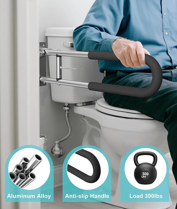 Foldable Toilet Safety Grab Bar, Aluminum Alloy Wall Mounted Handicap Support Rail for Elderly, Disabled, or Recovery Use, Bathroom Handicap Bars for Toilet or Shower