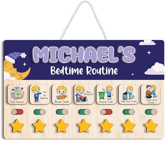 Wooden Chore Chart for Boys, Daily Routine Chart for Kids, Visual Schedule, Chore Reward Chart, Bedtime Morning Routine Chart for Toddlers (06)