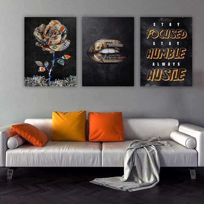 Motivational Canvas Painting Wall Art Flower Landscape Hustle Grind Inspirational Wall Art 3 Pieces Canvas Prints Framed Entrepreneur Poster Positive Quotes Wall Poster for Home Office Wall Decor