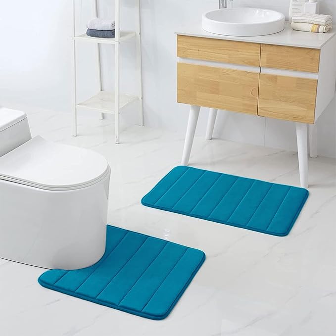 Buganda Memory Foam U-Shaped Contour Toilet Rugs, Non Slip Absorbent, Thick Soft Washable Bathroom Mat, Floor Carpet Bath Rugs Mat for Toilet Base (24" x 24", Peacock Blue)