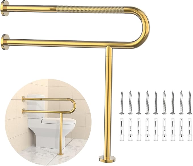 Toilet Grab Bar 31.3 Inch with Leg, YuanDe Wall Mounted Safety Bar, Brushed Gold Stainless Steel Anti-Slip Bathroom Support Rail for Elderly, Disabled, Handicap, Seniors, Injury Recovery